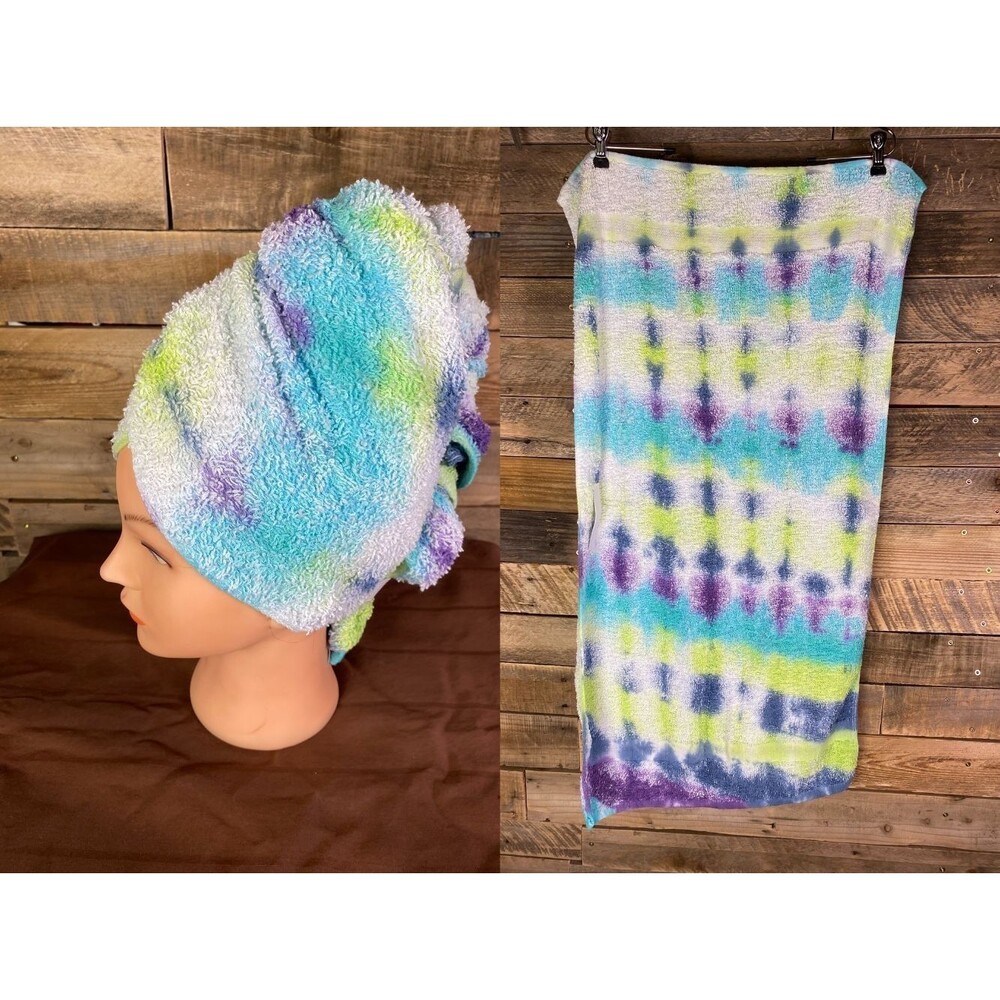 Tie Dye Hair Wrap Towel Soft 100% Cotton Teal Purple Yellow Handmade 20X40 in